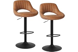 EUGAD Juego de 2 Taburetes de Bar con Respaldo, Taburete Alto Cocina Giratorio 360° Ajustable Altura, Cuero Sintético, Marrón