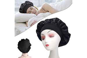 MUFEKUM Wide Band Satin Sleeping Head Cover, Night Sleep Cap Silk Bonnet for Women Girls, Hair Care Elastic Hat Hair Bonnet for Black Curly Hair (1pcs Black)