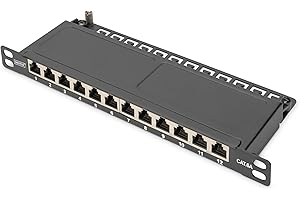DIGITUS Pannello patch Cat-6A - 12 porte - jack RJ45 - Montaggio a rack da 10 pollici 0,5U - Pannello di distribuzione LSA - Schermato - Nero
