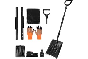 COVVY Kit de pala de nieve 3 en 1, pala retráctil con raspador de hielo y cepillo de nieve para hielo, nieve, grano de entrada de coche, con bolsa de almacenamiento y guantes (negro)