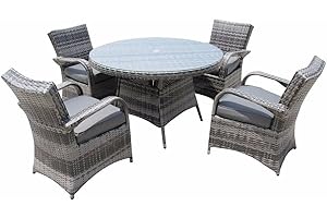 AZRBOPO Rattan Garden Furniture Dining Set | 4 Seater Patio Round Table Chairs | 5 PCS Outdoor PE Rattan Wicker Tempered Glass Dining Table Set| NO ASSEMBLY & ALUMINIUM FRAME | Grey with Grey Cushion
