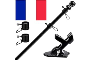 HORSE SECRET Kit de Asta de Bandera de Aluminio Negro 150 cm con Soporte Asta de Bandera de Acero Inoxidable, kit de barra de bandera de Montaje en Pared Exterior con Anillos Giratorios/ Incluye Bandera Francia