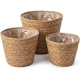 Deconox 3'l&uuml; Yuvarlak Hasır Saksı Seti, Doğal Dokulu İ&ccedil; Koruma Poşetli Dekoratif Saksı, B&uuml;y&uuml;k 25x20 cm Orta 22x18 cm K&uuml;&ccedil;&uuml;k 20
