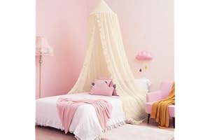 MENGERSI Mengesi Bed Canopy with Pom Pom- Lace Chiffon Canopy Bed Curtains, Ruffles Princess Reading Nook Play Tent for Girls Room (Ivory)