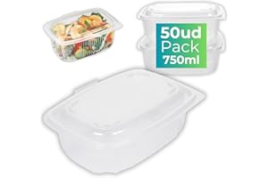 IAMI Pack 50 Fiambreras Reutilizables con Tapa Bisagra – Polipropileno (PP) – Aptas para Microondas y Lavavajillas – 750 ml – Uso Alimentario Seguro – Envases Resistentes y Duraderos