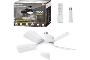 Seyxicnor Socket Ceiling Fans Light with Remote, Screw in Ceiling Fan 2000LM, 6 Wind Speeds, 3 Colour Dimmable, Quiet Light Bulb Fan with Extender Rods & for Bedroom, Kitchen, Garage