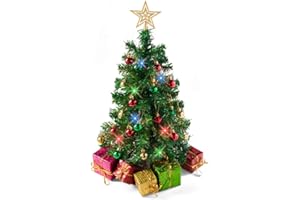 Prextex Minichoinka stołowa o wysokości 58 cm z 5 pudełkami prezentowymi, wiszącymi ozdobami i gwiazdą na czubek, małe sztuczne drzewko, do domu, na stół kuchenny, bar, stół imprezowy, stolik kawowy