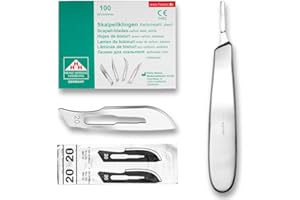 ‎MAY Set - 100 Stück Skalpellklingen Figur 20 aus Karbonstahl - Ersatzklingen einzeln steril verpackt + 1 x May - Skalpell-Halter 14 cm - Edelstahl