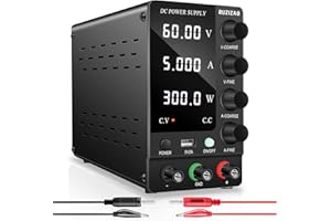 RUZIZAO Bench Power Supply Variable: 60V 5A Adjustable Switching Regulated High Precision 4-Digits LED Display 5V/2A USB Port Test Lead Output & Input Power Cord Bench Lab DC Power Supply