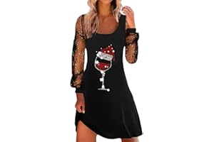 Générique Robe Noel Femme Femme Robe De Noël À Imprimé Verre À Vin Manche Longue Robe Au Genou Décontractée Robe De Fête De Cocktail