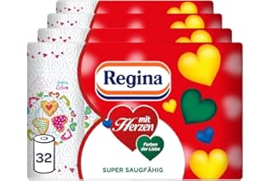 ‎REGINA Regina mit Herzen Haushaltstücher - 32 Rollen-Packung (8 x 4 Einzelpackungen), 43 Blatt 3-Lagig, Super Saugfähig, Dick, Beständig, FSC Papier