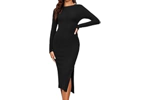 Famulily Women's Long Elegant Dress Solid Long Sleeve Crew Neck Rib Knit Side Split Dresses Casual Party Jumpers Sweaters S-XL