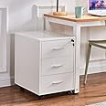 Redd Royal Mobile Wooden Home Office File Storage Cabinet with 3 Drawers, Under Desk Unit Document Filing Pedestal Cabinet with Wheels for Small Spaces (White with Lock)