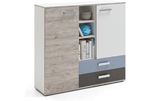Lomadox Jugendzimmer Anrichte Highboard in Sandeiche, weiß, Lava Denim