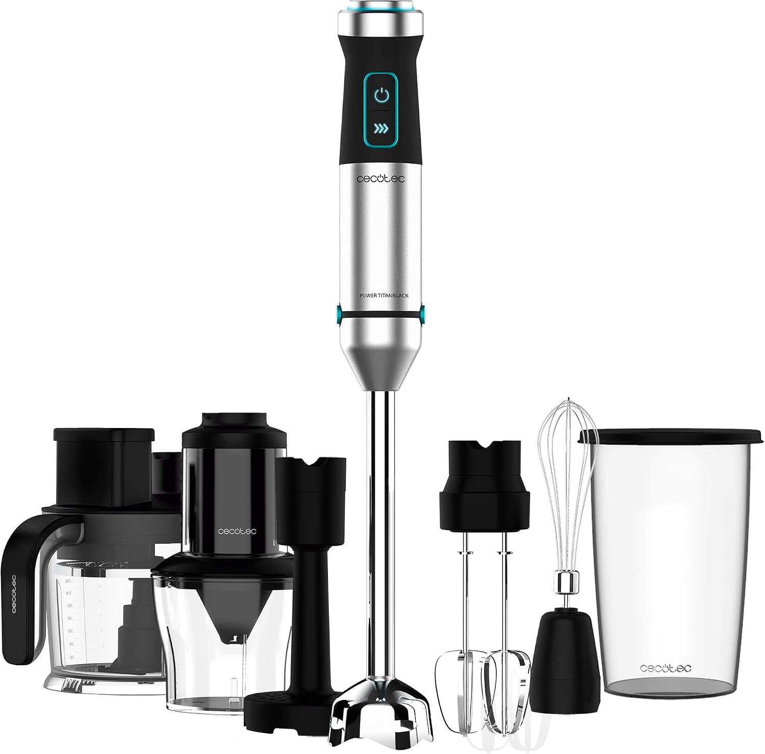 Cecotec Batidora de mano Power TitanBlack 1500 XL TotalMix. Potencia 1500 W, Cuchillas 4 hojas con recubrimiento titanio, Pie XL, Campana antisalpicaduras, Velocidad ajustable, Función Turbo
