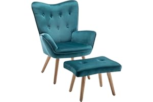 ‎HOLLYHOME HollyHOME Ohrensessel mit Hocker Sessel mit Hocker Sessel Wohnzimmer & Schlafzimmer Samt Relaxsessel Lesesessel Lounge Sessels Armlehnensessel, Pfauengrün