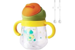 nohlerlife Kubek do nauki picia dla niemowląt, 6+, butelka na napoje dla dzieci, kubek do picia dla niemowląt z uchwytami, szczelny, kubek słomkowy dla niemowląt, miękki wylewka, 260 ml, bez BPA (żółty, z 2 słomkami)