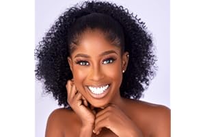 Cecinill Syntetyczny kucyk typu Afro Puff, kręcony, z ściągaczem i dwoma klipsami, krótkie włosy typu kinky curly, doczepiany kok dla czarnoskórych kobiet, kolor 1B