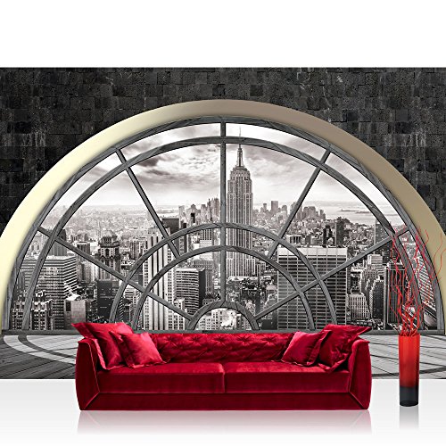 Fototapete 254x184 cm PREMIUM Wand Foto Tapete Wand Bild Papiertapete - New York Tapete New York Tower Skyline Fenster Ausblick Gebäude grau - no. 1364