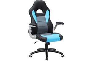 SONGMICS OBG56BW Ufficio, scrivania, Computer, Sedia Girevole, Poliuretano, Nero E Grigio E Blu, 7070 （118-128）