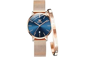 OLEVS Ladies Watch Rose Gold Mesh Steel Strap Blue Face Ultra Thin Waterproof Japanese Quartz Dress Date Women Wrist Watch