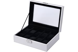 JUSTSWAG KYD 10 Watch Jewellery Display Storage Boxes Case Organiser for 10 Watches, Cufflinks and Rings Faux Leather with Glass Lid and Pillows Holders for Mens Womens Ladies, White Lockable (White-Black)