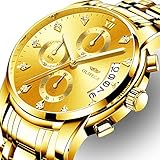 OLMECA Relojes Hombre Moda de Lujo Reloj de Pulsera de Cuarzo Cronógrafo Impermeable con Cuero, Relojes de Acero Inoxidable para Hombres. (A-Oro)