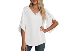 Yommay Women's Chiffon Blouse Ladies Tops Elegant Casual Loose 3/4 Ruffled Split Sleeve V Neck Summer Blouse T Shirts