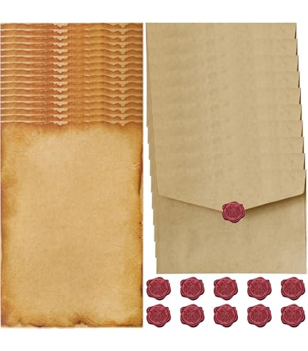 Set Carta Da Lettere Vintage – 20 Pezzi: 5 Buste Kraft, 10 Fogli Con Pizzo, 5 Sigilli Ceralacca, Per Inviti E Biglietti
