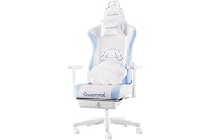 AutoFull Cinnamoroll Fotel dla graczy, wysokie oparcie, ergonomiczne krzesło biurowe, komputerowe, z podparciem lędźwiowym, styl wyścigowy, skóra PU, krzesło zadaniowe z podnóżkiem, biało-niebieskie