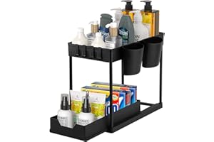 Miiepls Organizador Bajo Fregadero 2 Niveles, Deslizante Organizador Debajo Fregadero Cocina, con 4 Ganchos y 2 Cesta Colgante, Estante de Almacenamiento Deslizante Para Cosméticos Cocina Bano