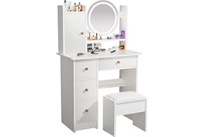 ZenkiHome Dressing Table, Vanity Desk with Mirror and Lights, 80cm Vanity Table with Stool