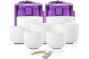 CVNC 432HZ 7-12 Inch Set of 7 Pcs Frosted Quartz Crystal Singing Bowls Set with 2 Pcs Carry Case Bags for Sound Healing Meditation