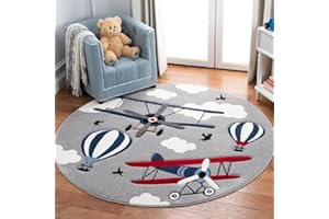 Sedefen Round Rug 120 cm Children's Room Boys Aeroplane Grey Children's Rug Machine Washable Non-Slip Fluffy Rug for Bedroom Living Room