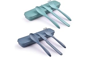 Zoyiancy 2 Set di Posate Riutilizzabili con Custodia, Set da Viaggio Forchetta Coltello Cucchiaio, Set di Posate in Plastica Portatile per Picnic Scuola Ufficio Pranzo (Blu, Verde)