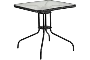 FLASH FURNITURE Flash Meuble carré de 71,1 cm de côté en Verre trempé Table en métal Noir avec Bordure en rotin