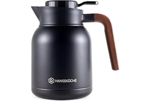 Hanseküche Termos (1,5 l) z wysokiej jakości stali nierdzewnej 304 – dzbanek izolacyjny, dzbanek do kawy o szlachetnym wyglądzie drewna (czarny)