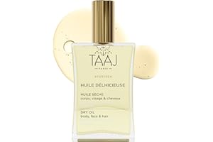 TAAJ | Huile Délicieuse | Huile sèche de Beauté | Corps, Visage & Cheveux | Nourrit, Protège & Revitalise la peau | Peau Satinée |Cheveux Réparés |96% d’ingrédients d’origine naturelle |Vegan | 100 ml
