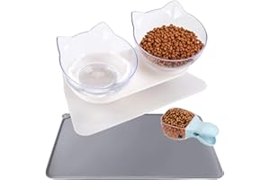 DMSELL (3 Pcs) Cat Bowls/Dog Bowls With Food Scoop and Silicone Pet Feeding Mat, 15°Tilted Double Cat Bowls with Raised Stand, Protect Pets Cervical Vertebra, Transparent Cat Food and Water Bowl