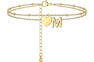 PROSTEEL Damska pozłacana bransoletka na kostkę, dwuwarstwowy łańcuszek z zawieszkami w kształcie serca i litery, regulowany łańcuszek na kostkę 22 + 5 cm