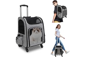 mumisuto Sac à Dos Chatavec Roues, Extensible Sac Transport Pliable avec Matelas en Peluche et Sangle de Sécurité Intérieure, Sac Transport Chien pour Voyage en Train/Voiture/Avion