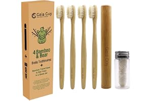 Gaia Guy tandborste i bambu och vildsvin (4-pack) + resväska och tandtråd i silke | 100 % komposterbara borst och tandtråd