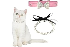 HACRAHO Collana per cani, 2 pezzi, collare regolabile in pelle per cani e gatti, con perle di gatto, con strass, per matrimonio, per cani, gatti, cuccioli, rosa e bianco