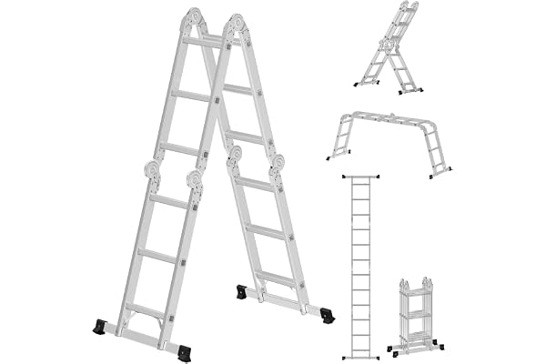 SONGMICS stege, multifunktionsstege, stegstege, aluminiumstege, hushållsstege, 4 x 3 steg, upp till 150 kg, 12 steg, i 6 lägen, 326 cm lång, silver GLT36M