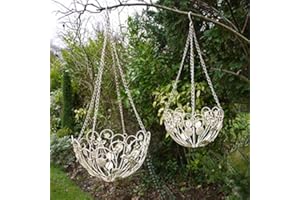 Best Value Here Set of 2 Wall Hanging Basket Flower Plant Pot Cream Ornate Shabby Chic Vintage Outdoor 2 Types (Cream Hanging Planter)