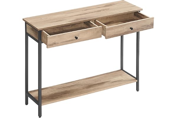 VASAGLE Konsolbord, entrébord, sofftå, med 2 lådor, stålram, för entré, sovrum, vardagsrum, industriell stil, kamelbrun och bläcksvart LNT015W01