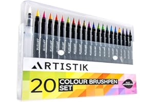 ARTISTIK Watercolour Brush Pens - (21 Piece) Fine Tip Real Brush Pen Set and Professional Watercolor Pens for Calligraphy, and Creating Colour Washes, Gradients, and Ombre Effects, Includes Water Brush Pen