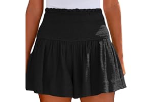 KEIZHUONIQIU Shorts Damen Sommer Baumwolle Elastisch High Waist Kurze Hosen Causal Rüschen Strandshorts Loose Einfarbig Freizeit Shorts Sweatpants Stoffhose