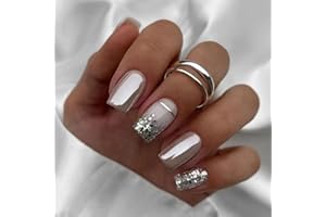 CEBOIC 24 Kawałki Kwadratowe Francuskie Paznokcie, Krótkie Naciśnij Paznokcie Elegant Touch z Wzorem, Samoprzylepne Akrylowe Paznokcie Pełne Pokrycie Dla Kobiet i Dziewczyn Manicure (Srebrny)