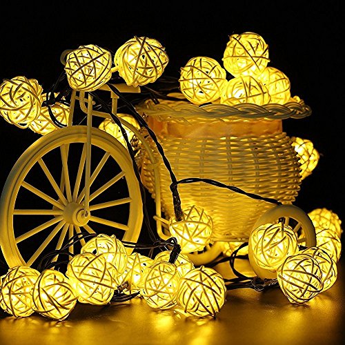 SunJas 30 LEDs 6 Meter Solar Lichterkette Rotang Peddigrohr Garten Globe Kugel Außen Warmweiß Solar Beleuchtung Kugel für Party, Weihnachten, Outdoor, Fest Deko usw. (30 LEDs warmweiß) - 2